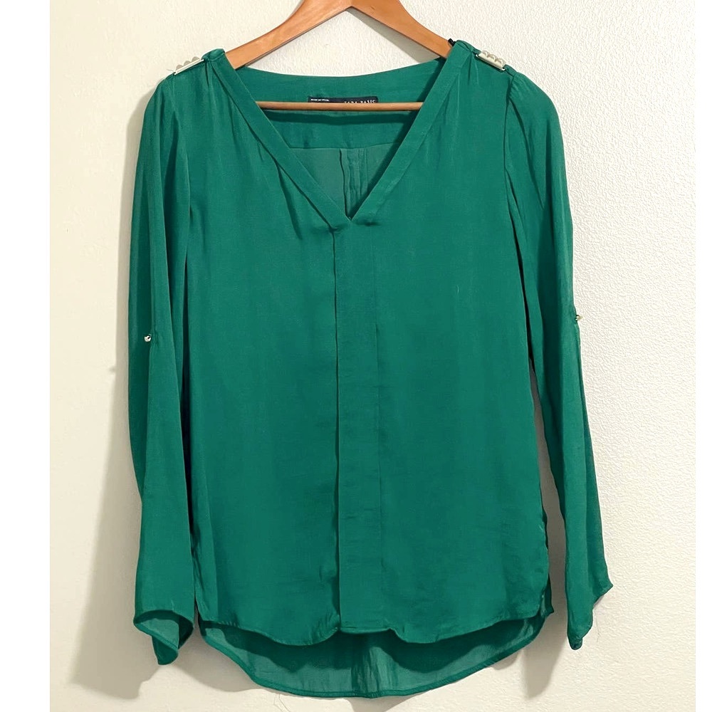 Zara Emerald Green Long Sleeve V-Neck Blouse XS